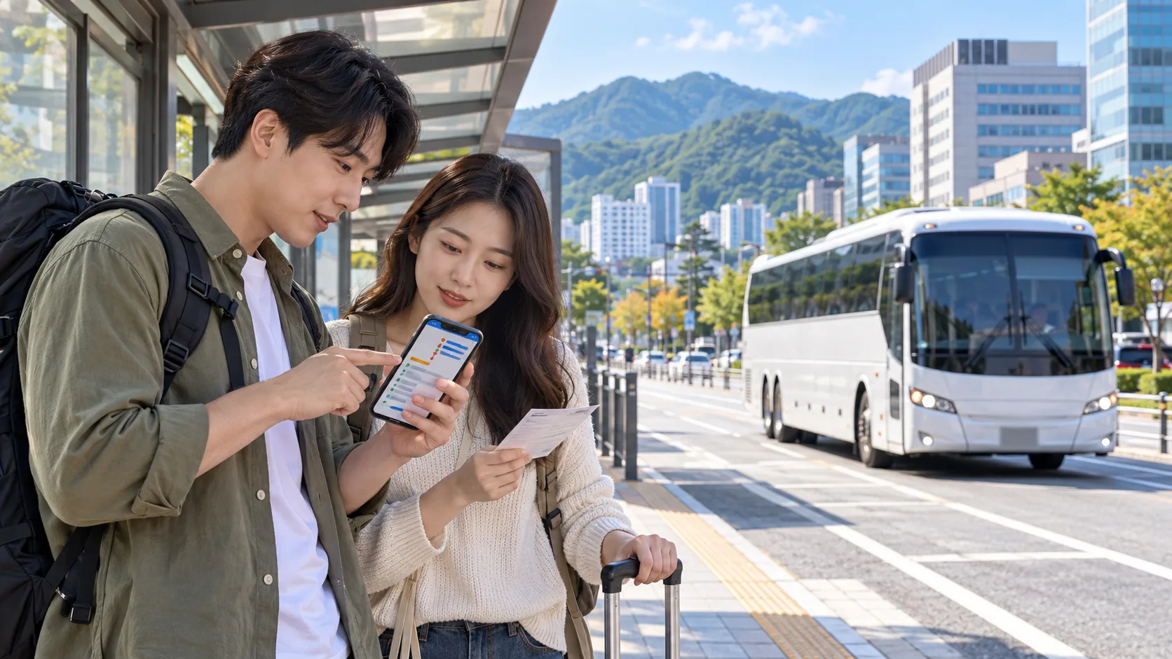 원주의 도로변 버스 승차장에서 두 이용자가 휴대전화와 승차권을 비교하는 모습